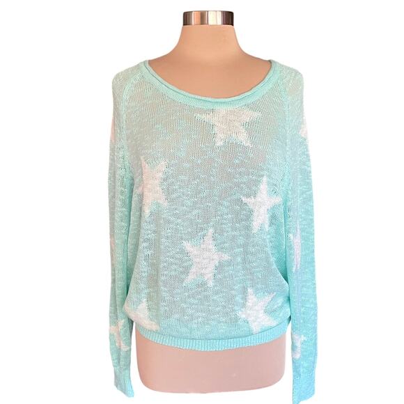 Aqua White Star Loose Weave Slouchy Sweater LARGE Beachy Whimsical Layering - Picture 5 of 10